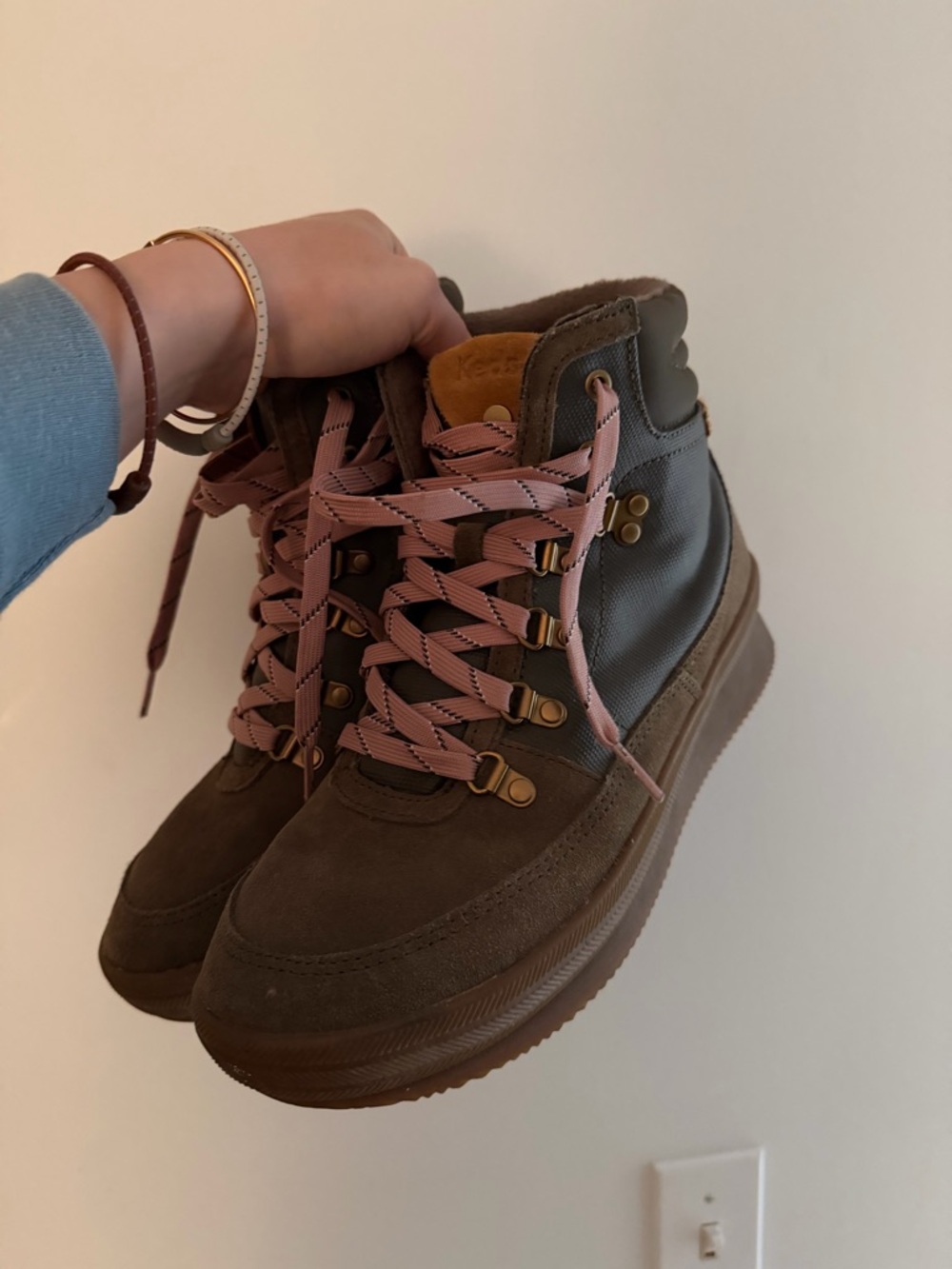 Women's Brown keds Suede Hiker Boot with Pink Laces